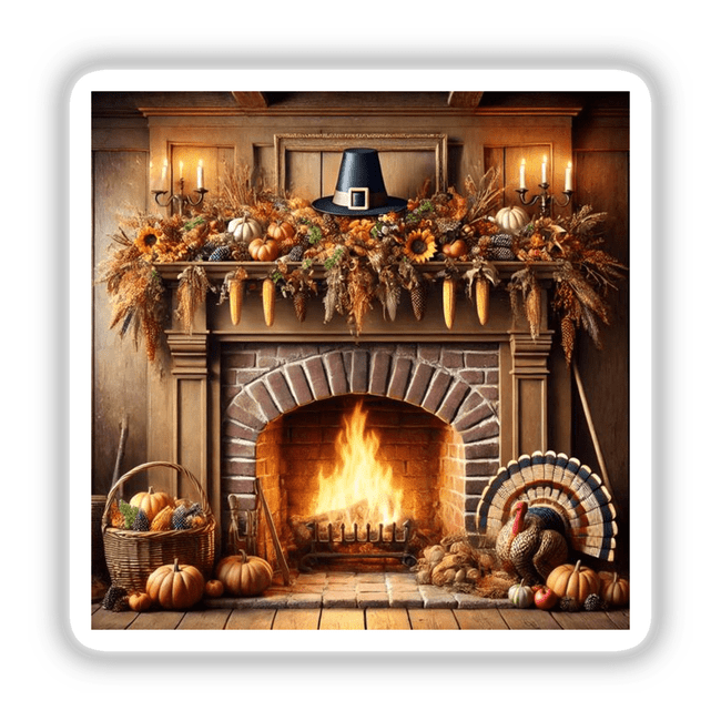 Pilgrim’s Hearth - A Traditional Fireplace with Thanksgiving Decor featuring pumpkins and a hat, ideal for stickers or digital art, embodying cozy fall evenings and rustic holiday charm.