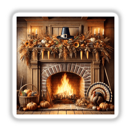 Pilgrim’s Hearth - A Traditional Fireplace with Thanksgiving Decor featuring pumpkins and a hat, ideal for stickers or digital art, embodying cozy fall evenings and rustic holiday charm.