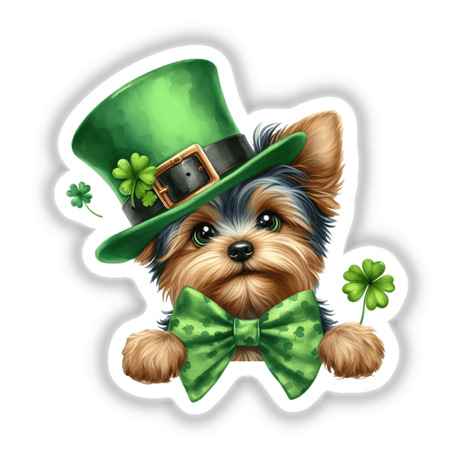 Watercolor Peeking St Patricks Yorkie Dog wearing a green hat and bow tie, available as stickers or digital artwork. This whimsical depiction is perfect for festive decor or digital use.