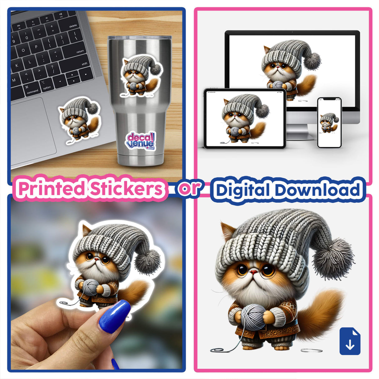 Persian Cat Gnome Holding Ball of Yarn: a collage featuring a cat in a knitted hat, holding yarn, available as stickers or digital artwork.