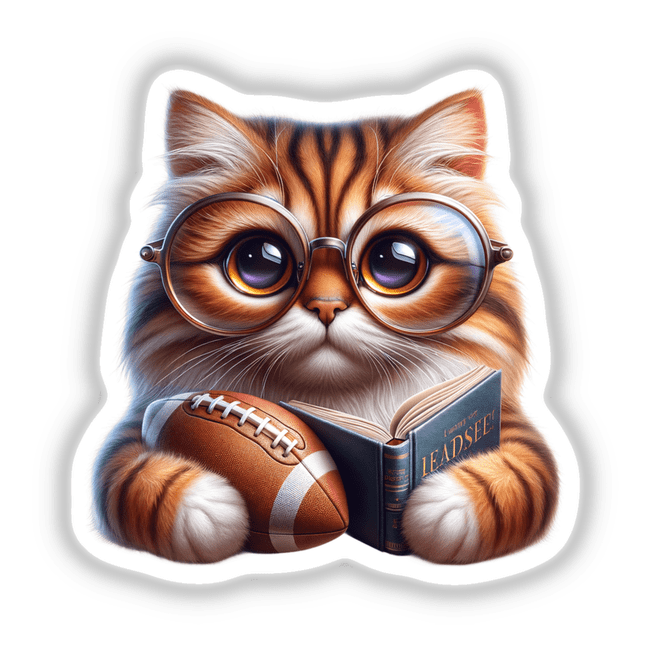 Cat in Reading Glasses with Open Book and Football: A playful vinyl sticker or digital artwork featuring a cat with glasses, holding a book and football, perfect for adding charm to any space.