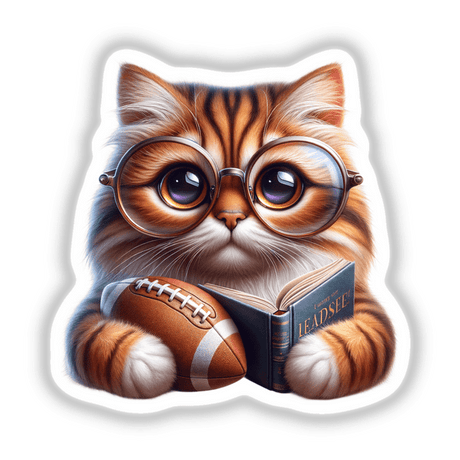 Cat in Reading Glasses with Open Book and Football: A playful vinyl sticker or digital artwork featuring a cat with glasses, holding a book and football, perfect for adding charm to any space.