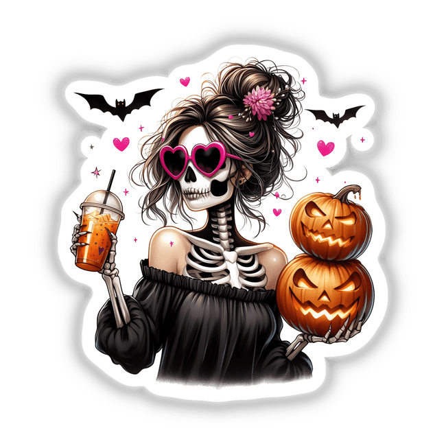 Spooky Halloween skeleton woman with floral hair, heart-shaped sunglasses, and pumpkins, available as stickers or digital download format