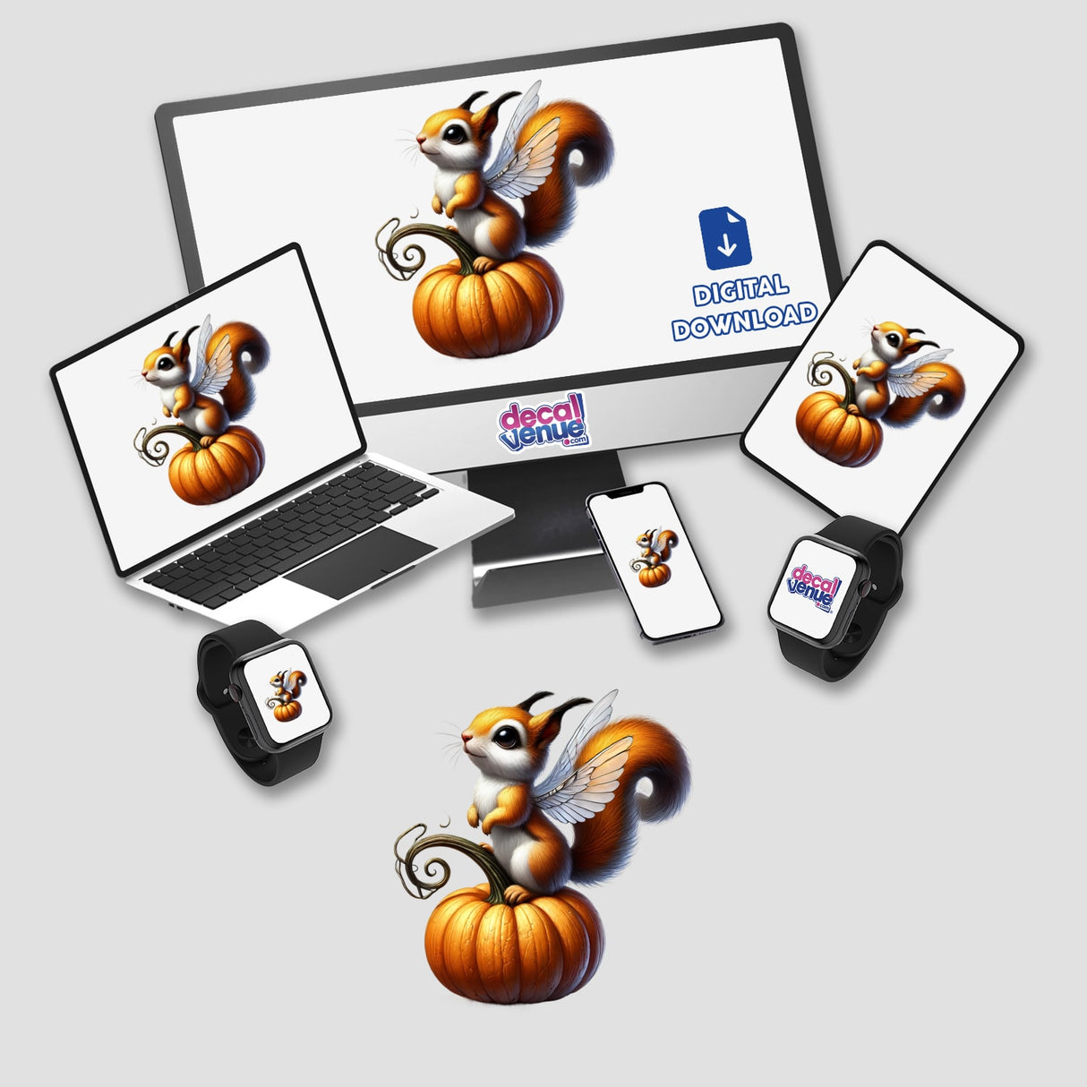 Squirrel with Wings Standing on Pumpkin digital artwork displayed on various devices including a monitor, laptop, and smartwatch. Available as stickers or digital downloads from Decal Venue.