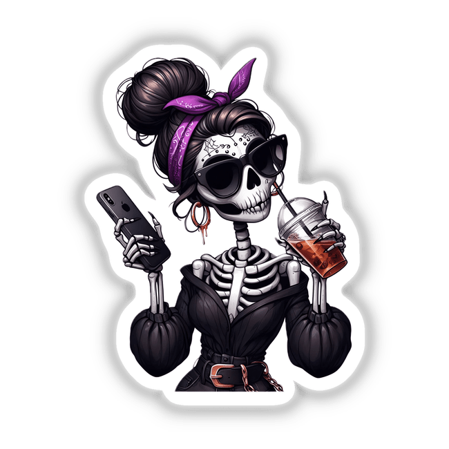 Spooky skeleton girl in punk style with cell phone, sticker or digital download
