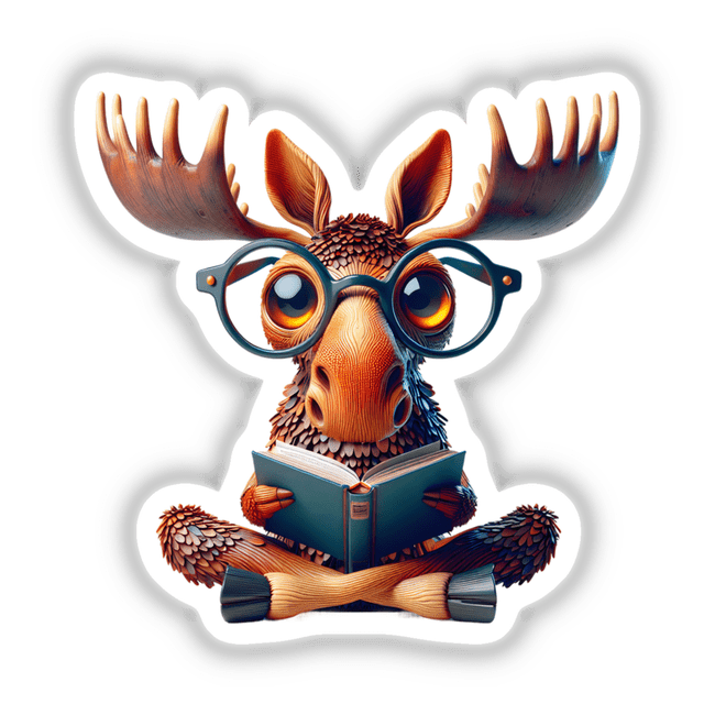 Cartoon moose with reading glasses engrossed in a book, featured as Moose With Reading Glasses Open Book, available as stickers or digital artwork at Decal Venue.