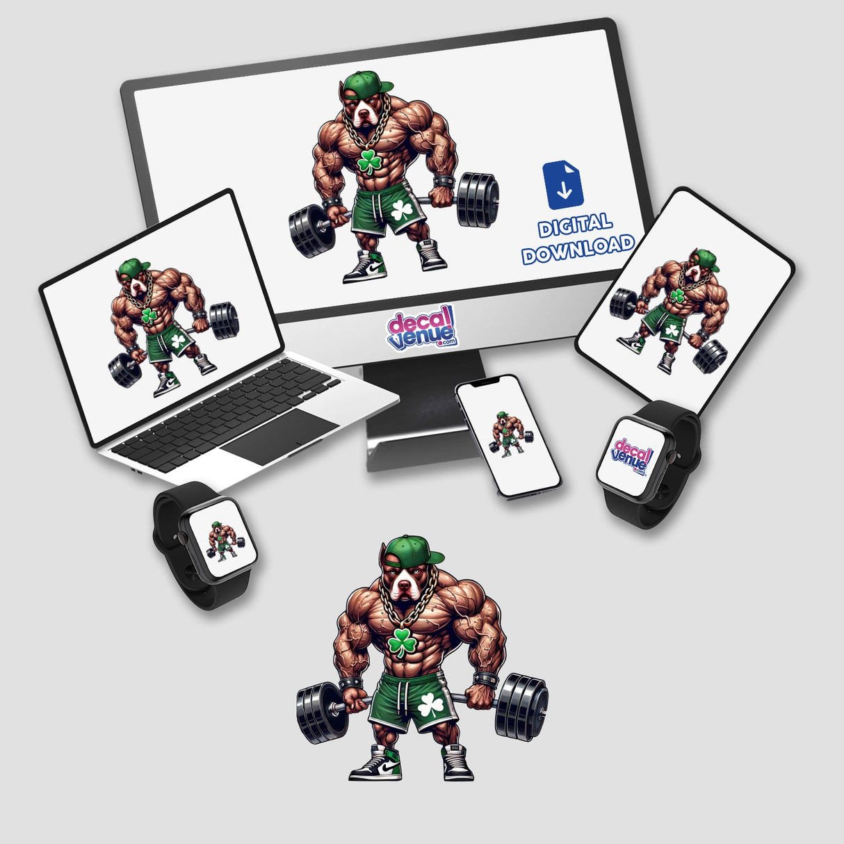 Irish Pitbull Muscular Hip Hop Workout Dog depicted as a cartoon character lifting weights, available as stickers or digital artwork on a computer screen.