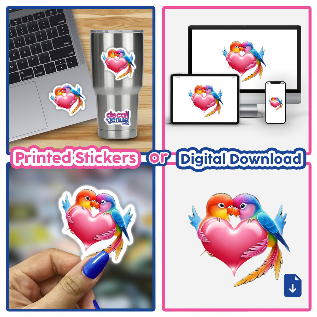 Colorful Lovebirds with Pink Heart