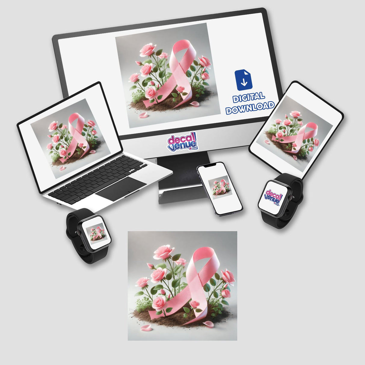 Hope Blooms - Pink Roses Growing from a Ribbon displayed on a laptop, tablet, and smartwatch, highlighting the intricate design available as stickers or digital artwork.