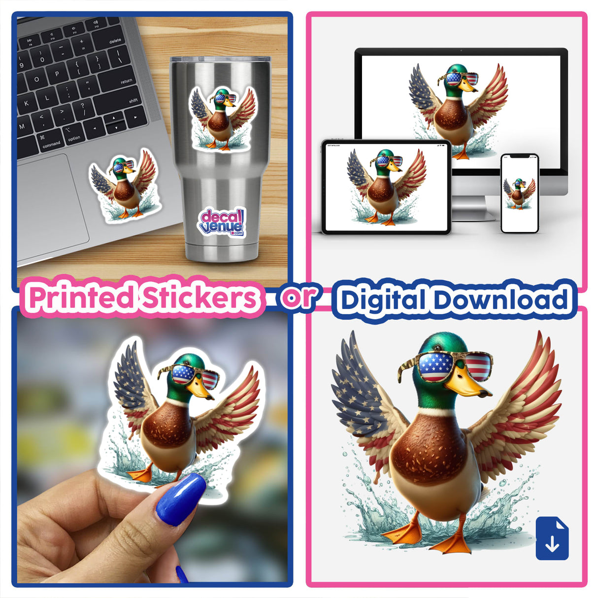 Mallard Duck American Flag Wings design available as stickers or digital artwork, featuring a mallard duck with wings styled like the American flag, reflecting Decal Venue's unique vinyl and digital art offerings.