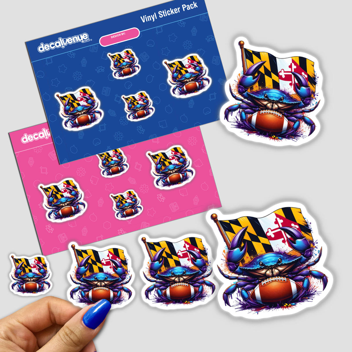 Sticker pack titled Protect This House Purple Football Maryland Crab, featuring a cartoon crab holding a football and flag, alongside a hand with blue nail polish holding one sticker.