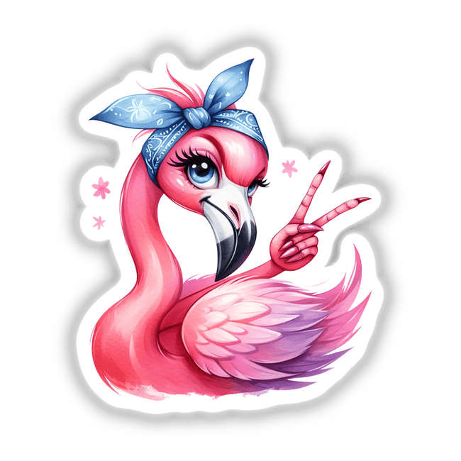 Peace Out Flamingo Bird illustration features a cartoon flamingo wearing a bandana. Available as stickers or digital artwork from Decal Venue, highlighting unique vinyl designs and artistic flair.