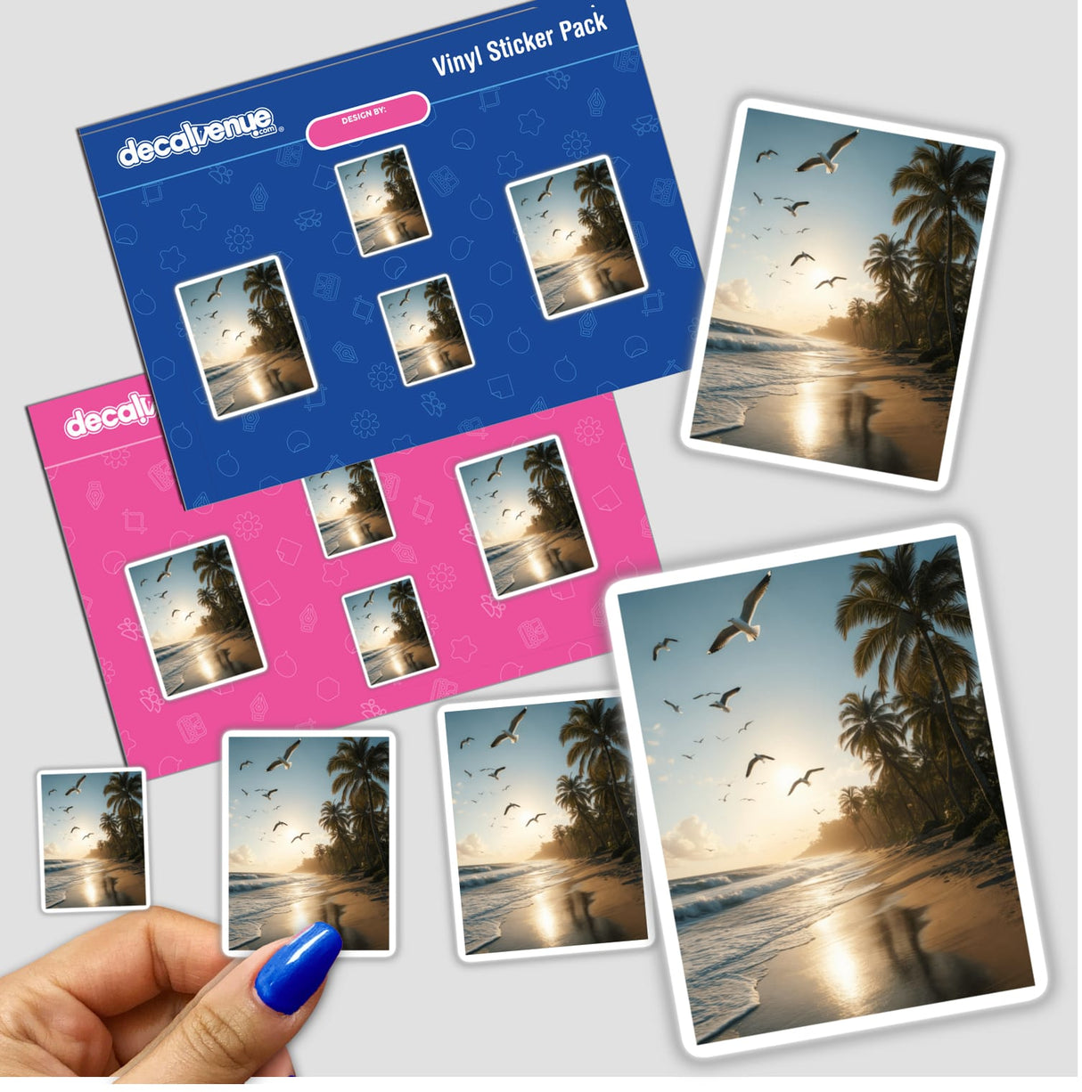 Golden Shore Seagulls Over Tropical Beach sticker pack, featuring images of a serene beach scene with palm trees and birds in flight. Offered as stickers or digital artwork by Decal Venue.