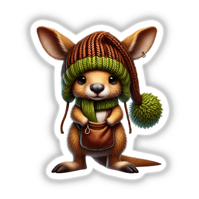 Cartoon illustration of a kangaroo gnome with a pouch, wearing a hat and scarf, available as stickers or digital artwork.