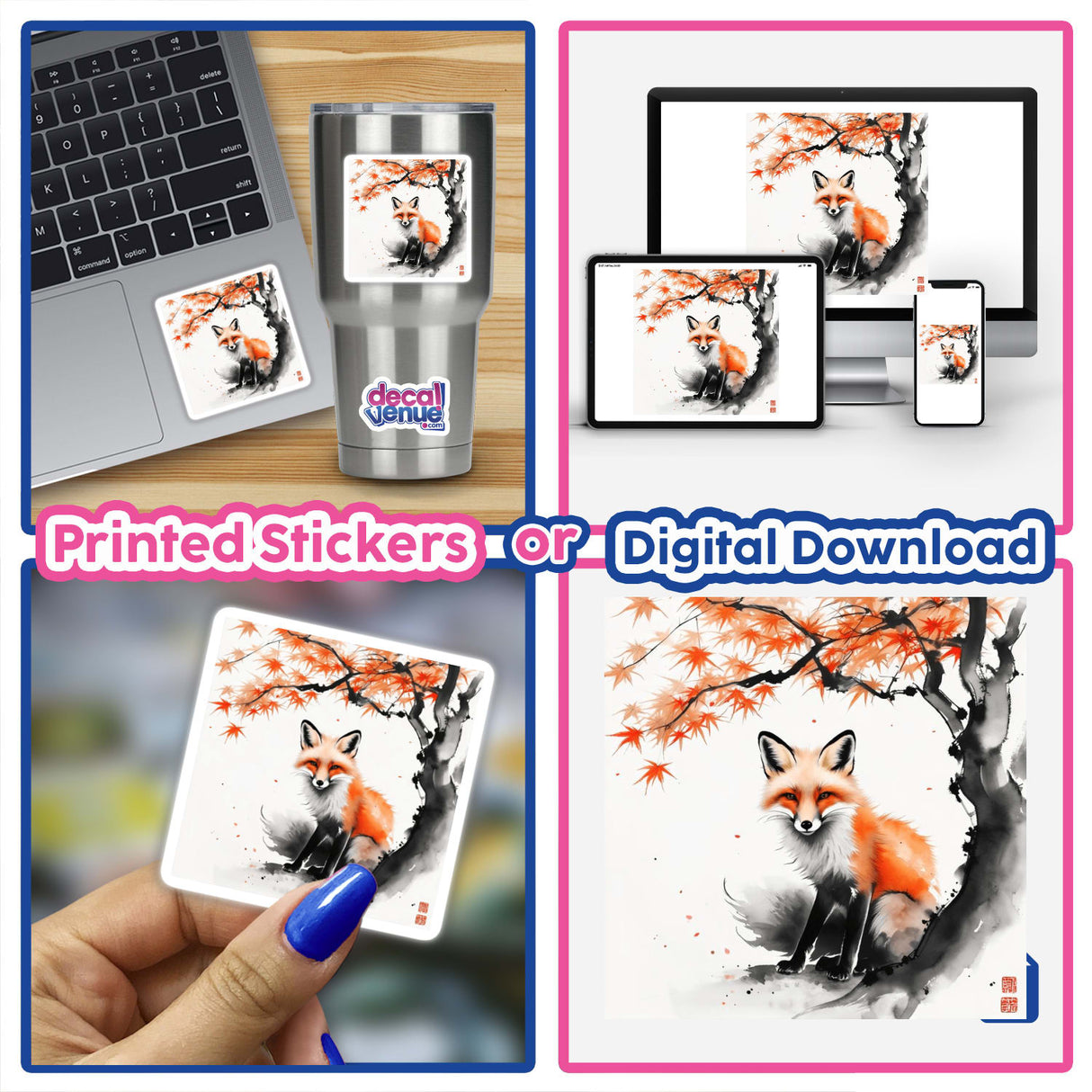 Sumi-e Fox Under Maple Tree Japanese Ink Painting as vinyl stickers or digital art, showcasing a serene fox in traditional Japanese ink style beneath a gracefully arching maple tree.