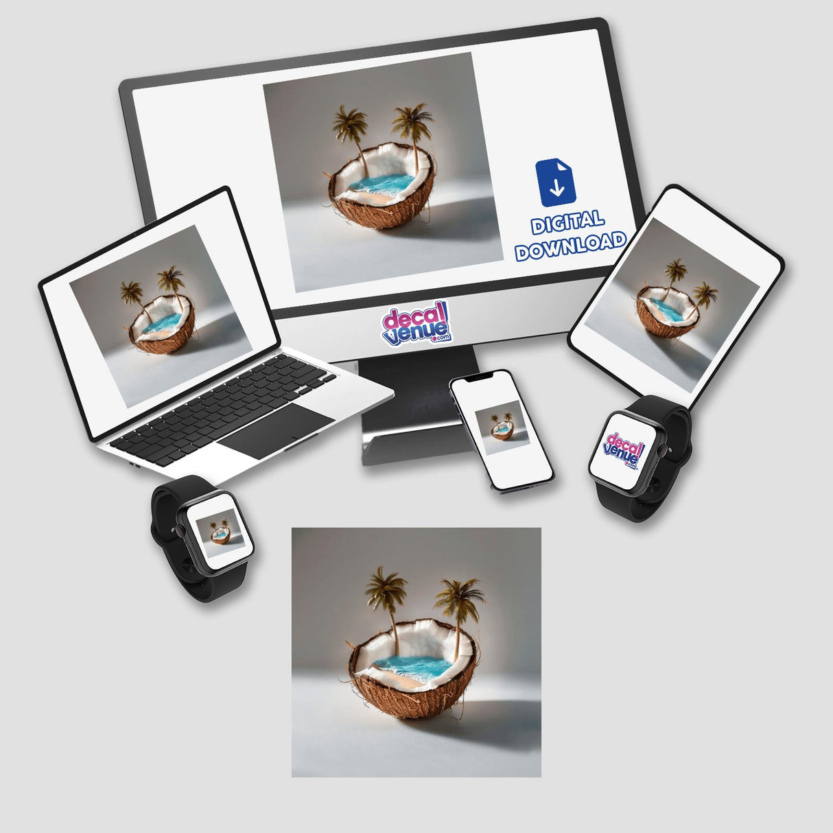 Tropical Beach Coconut digital art featuring a coconut with palm trees and ocean waves displayed on a monitor, laptop, tablet, and phone. Ideal for stickers or digital download.