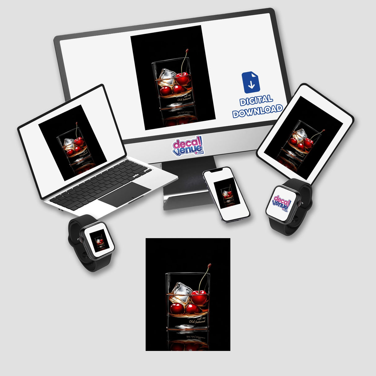 Elegant Old Fashioned Cocktail with Cherries and Ice depicted on electronic screens, showcasing vibrant digital artwork available as stickers or digital art. Perfect for enhancing devices with unique style.