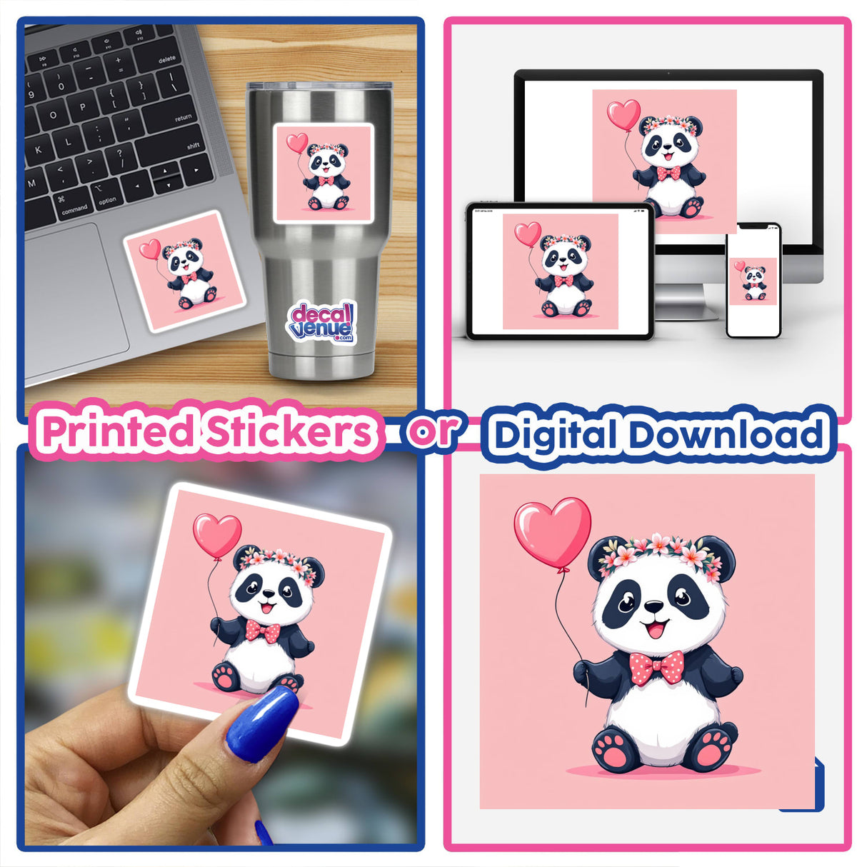 Collage featuring a laptop with a 'Panda with Flower Crown and Heart Balloon' sticker, highlighting the whimsical design available as unique stickers or digital artwork from Decal Venue.