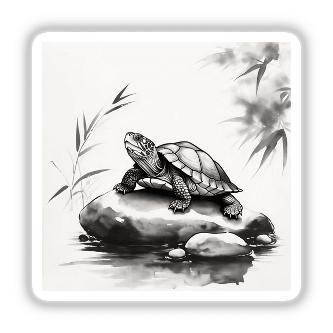 Sumi-e Turtle Resting on River Rock Traditional Japanese Watercolor, available as stickers or digital artwork, showcases a serene turtle on a rock, reflecting classic Japanese watercolor artistry.