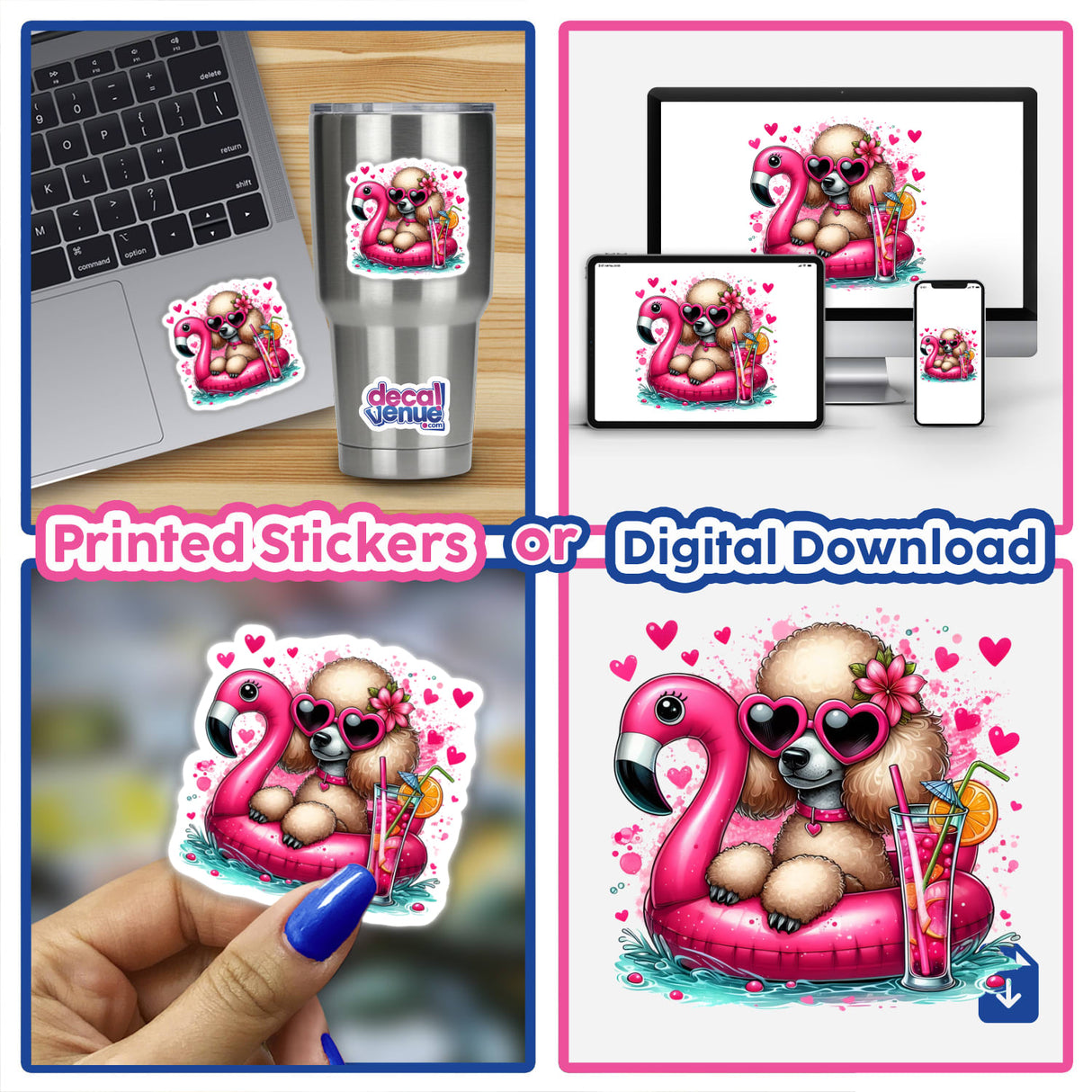 Summer Poodle Dog in Flamingo Float depicted as a whimsical sticker or digital artwork, showcasing a playful poodle lounging in a flamingo-shaped float, embodying Decal Venue's unique vinyl art offerings.