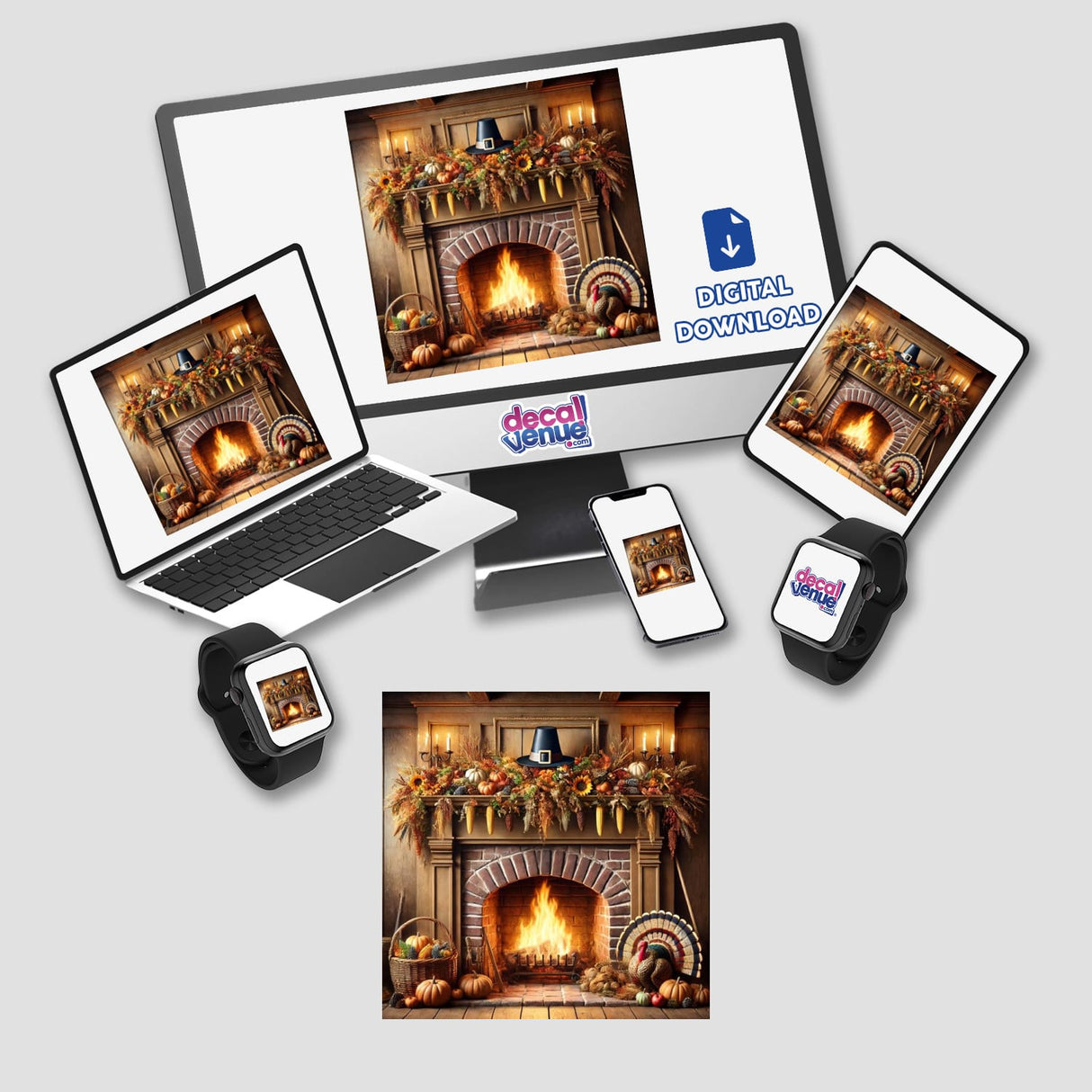 Pilgrim’s Hearth - A Traditional Fireplace with Thanksgiving Decor displayed on a computer and tablet screen, showcasing cozy autumnal vibes perfect for seasonal home decoration.