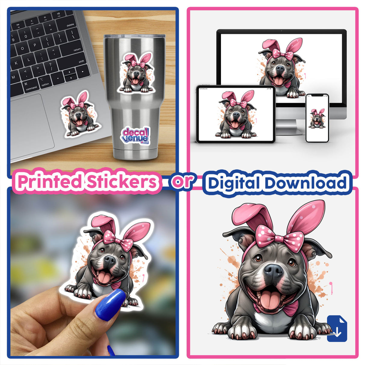 Happy Easter Bunny Pitbull Dog sticker collage featuring a dog with a pink bow and bunny ears, shown on a laptop and tumbler, available as stickers or digital artwork from Decal Venue.
