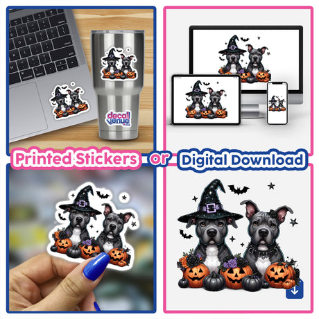 Two Halloween Pitbull Pumpkin Dogs featured as stickers or digital artwork, showcasing pitbulls with festive hats and collars, perfect for laptops or decor.
