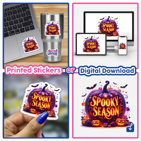 Spooky Season Glowing Pumpkin sticker featuring a purple pumpkin with orange lights and bats, shown on a laptop and as digital artwork.