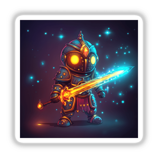 Heroic Knight with Enchanted Glowing Sword, depicted as a cartoon character in armor holding a luminous sword. Available as stickers or digital artwork.