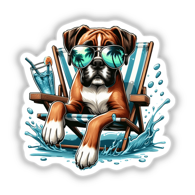 Peeking Boxer Dog Sitting in Beach Chair, illustrated with sunglasses, available as stickers or digital artwork, capturing a playful, artistic style typical of Decal Venue's unique vinyl sticker collection.
