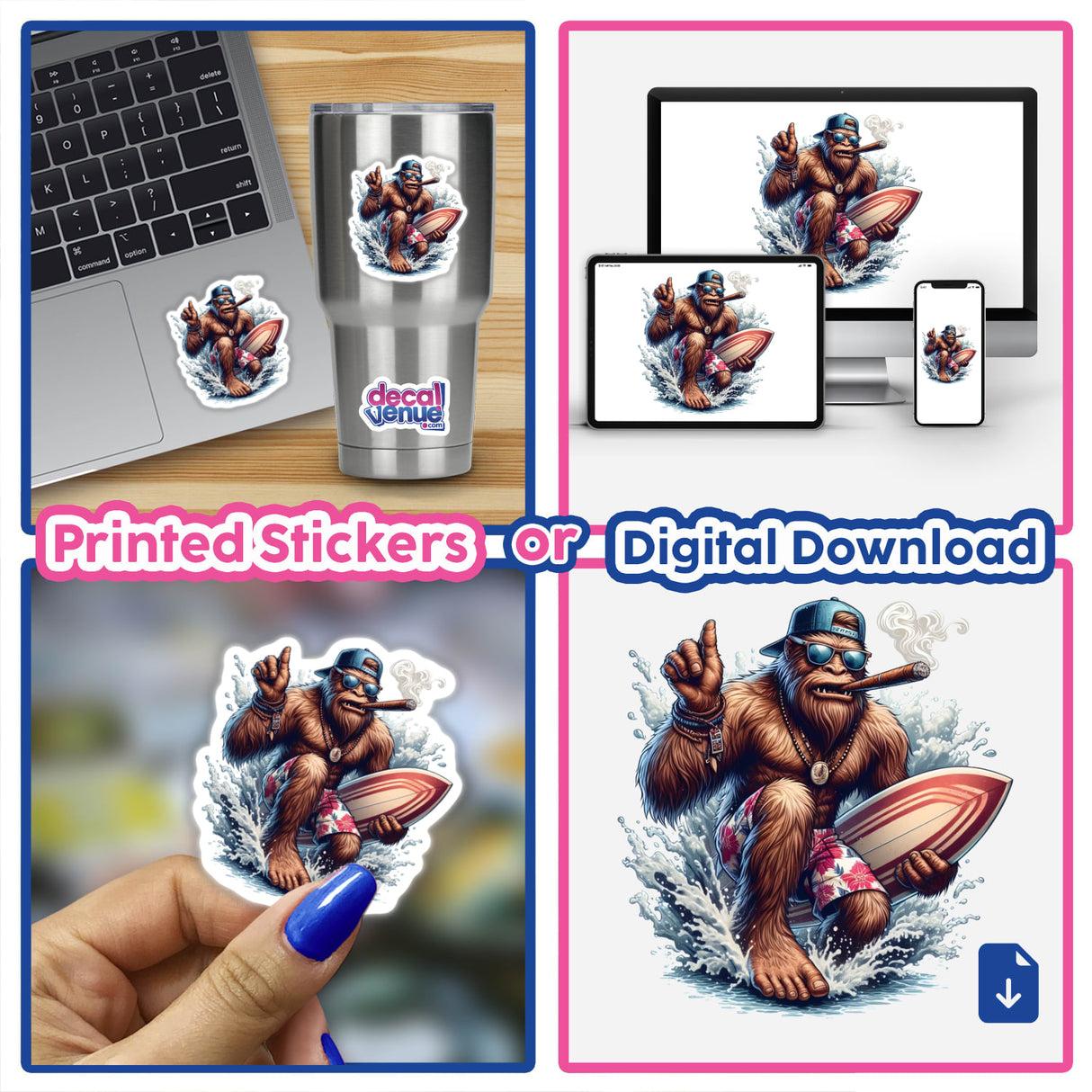 Sasquatch Cigar Surfer sticker, featuring a cartoon gorilla with a cigar and surfboard, displayed on a laptop. Available as a unique vinyl sticker or digital artwork from Decal Venue.