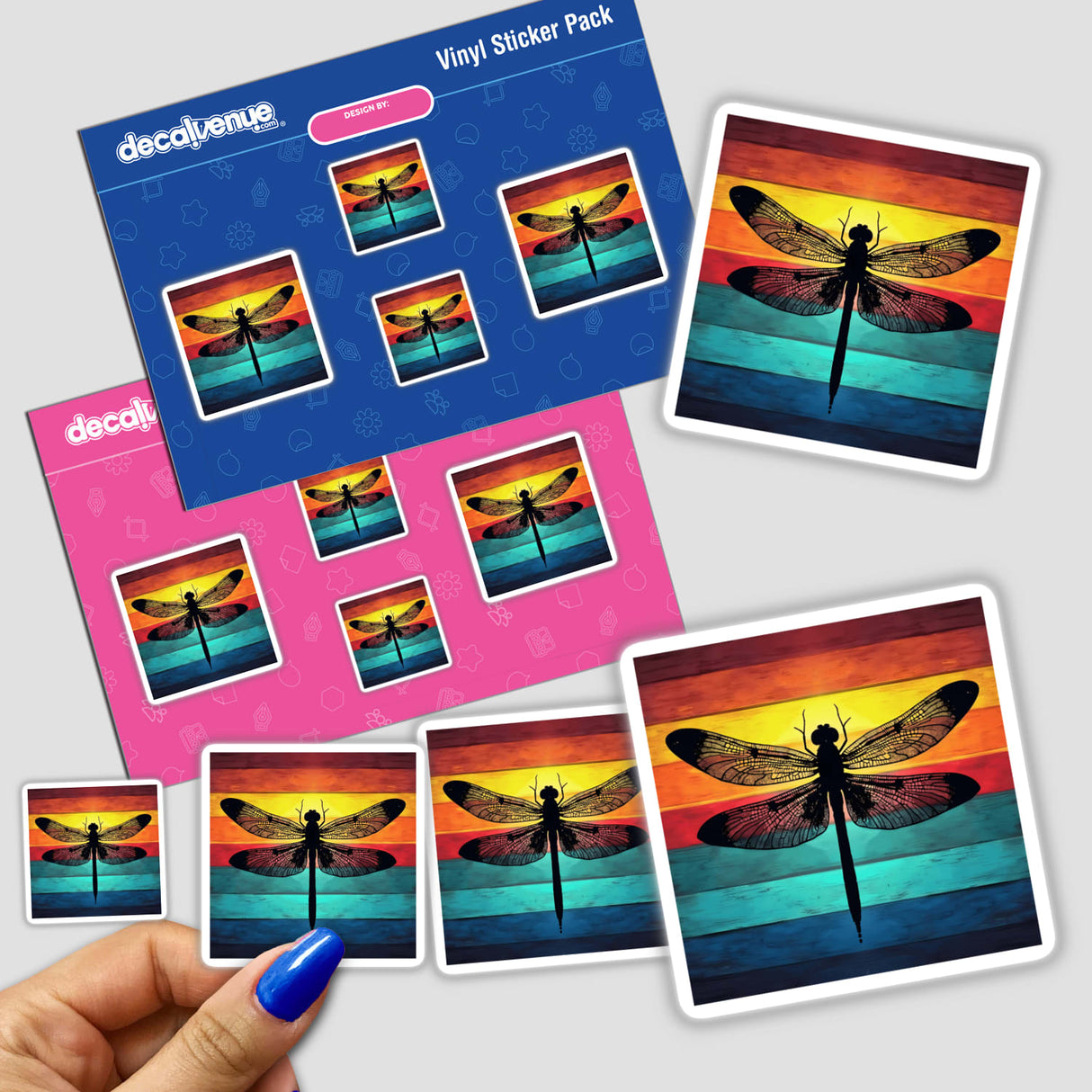 Dragonfly Silhouette with Multi-Color Stripes stickers, featuring detailed dragonfly images on vibrant backgrounds, available as stickers or digital artwork.