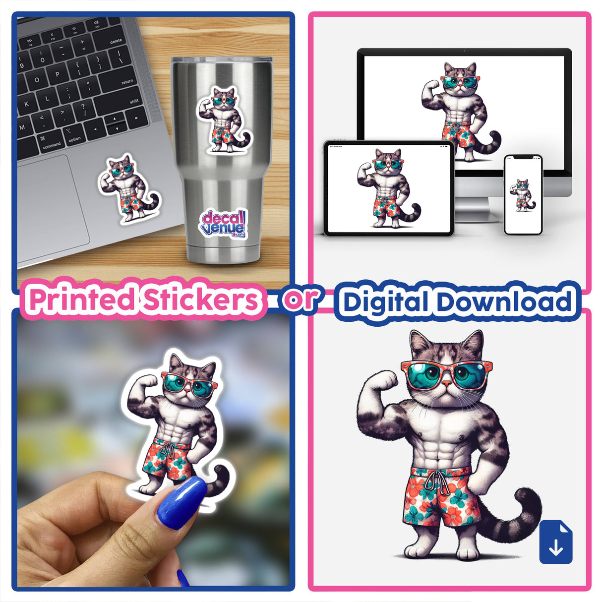 Muscular Bodybuilder Flexing Cat depicted as a cartoon on stickers and digital artwork, featuring a cat in sunglasses and a swimsuit, ideal for laptops or cups.