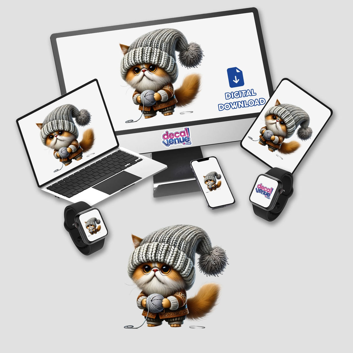 Persian Cat Gnome Holding Ball of Yarn displayed on various devices, including a laptop, monitor, tablet, phone, and smartwatch. Available as stickers or digital artwork.