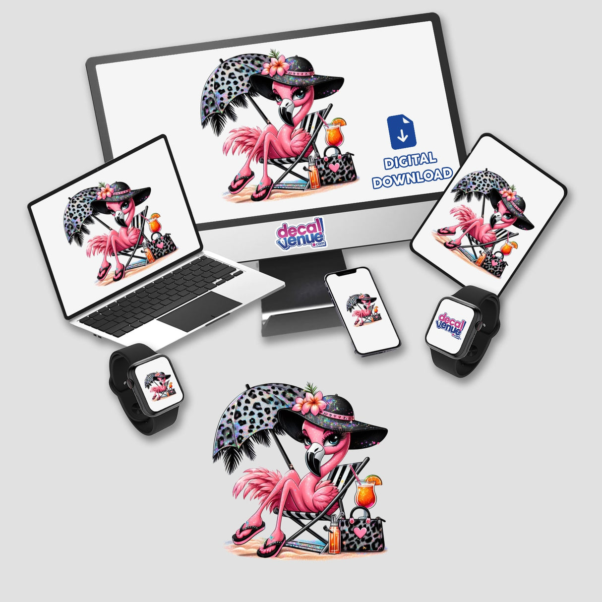 Sparkly Flamingo Beach Diva: A computer monitor and laptop display digital artwork of a cartoon flamingo lounging on a beach chair, perfect as unique stickers or digital art from Decal Venue.