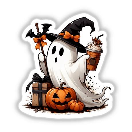 Halloween Orange Pumpkin Spice Ghost: A cartoon ghost holding a coffee drink, surrounded by pumpkins and a bat with a bow. Available as stickers or digital artwork.