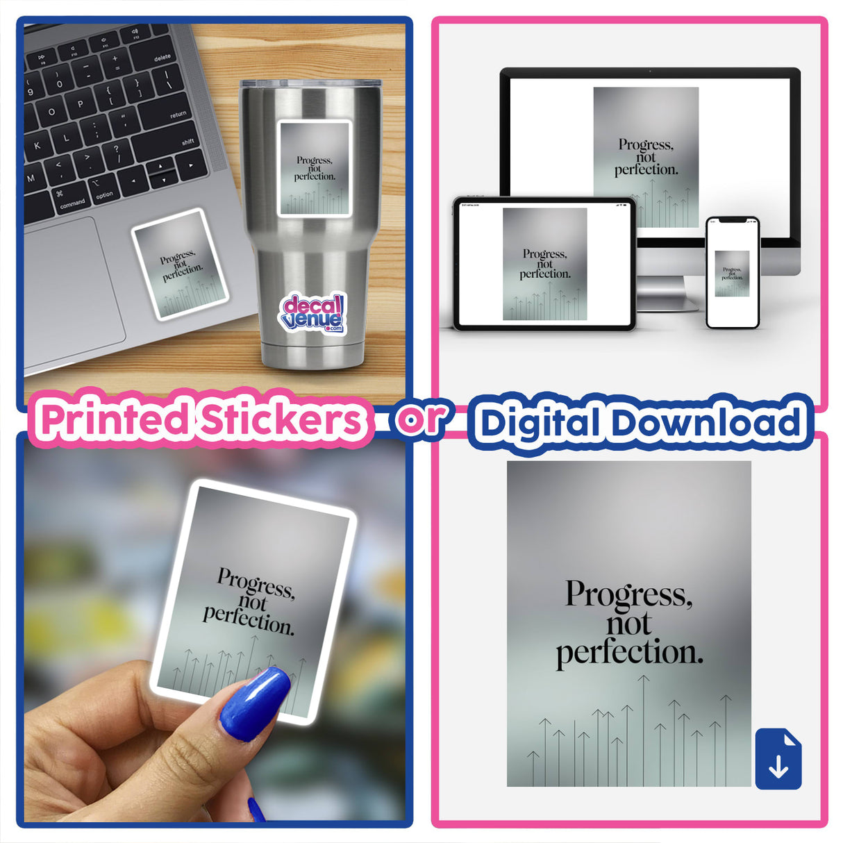 Collage featuring laptops and digital devices with a Progress, not perfection sticker, capturing the essence of unique vinyl stickers and digital art from Decal Venue.
