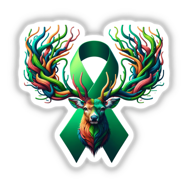 Colorful deer with antlers and green ribbon, representing the Deer Green Ribbon Liver Cancer Awareness design. Available as stickers or digital artwork from Decal Venue.