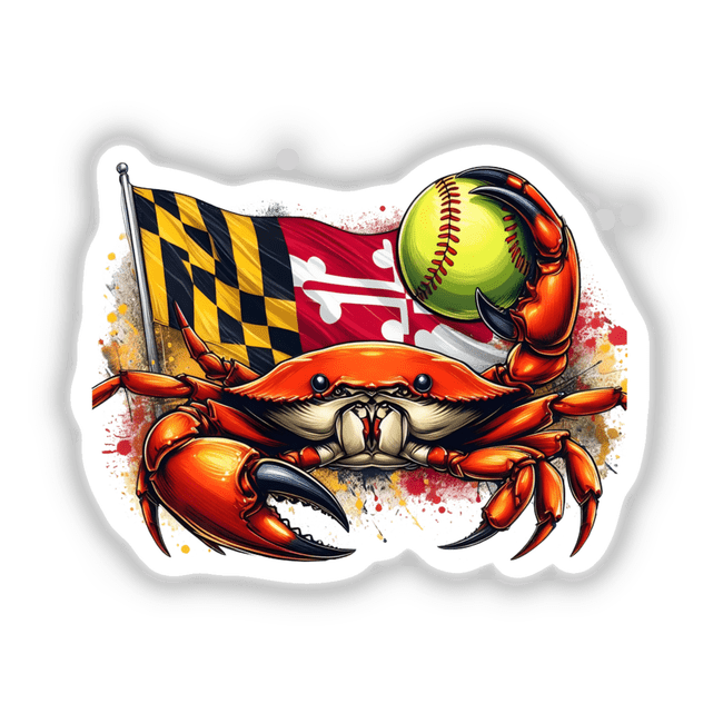 Maryland Flag Steamed Crab Softball Splatter: A cartoon crab clutching a baseball and flag, available as stickers or digital artwork, highlighting Decal Venue's unique vinyl sticker and digital art offerings.