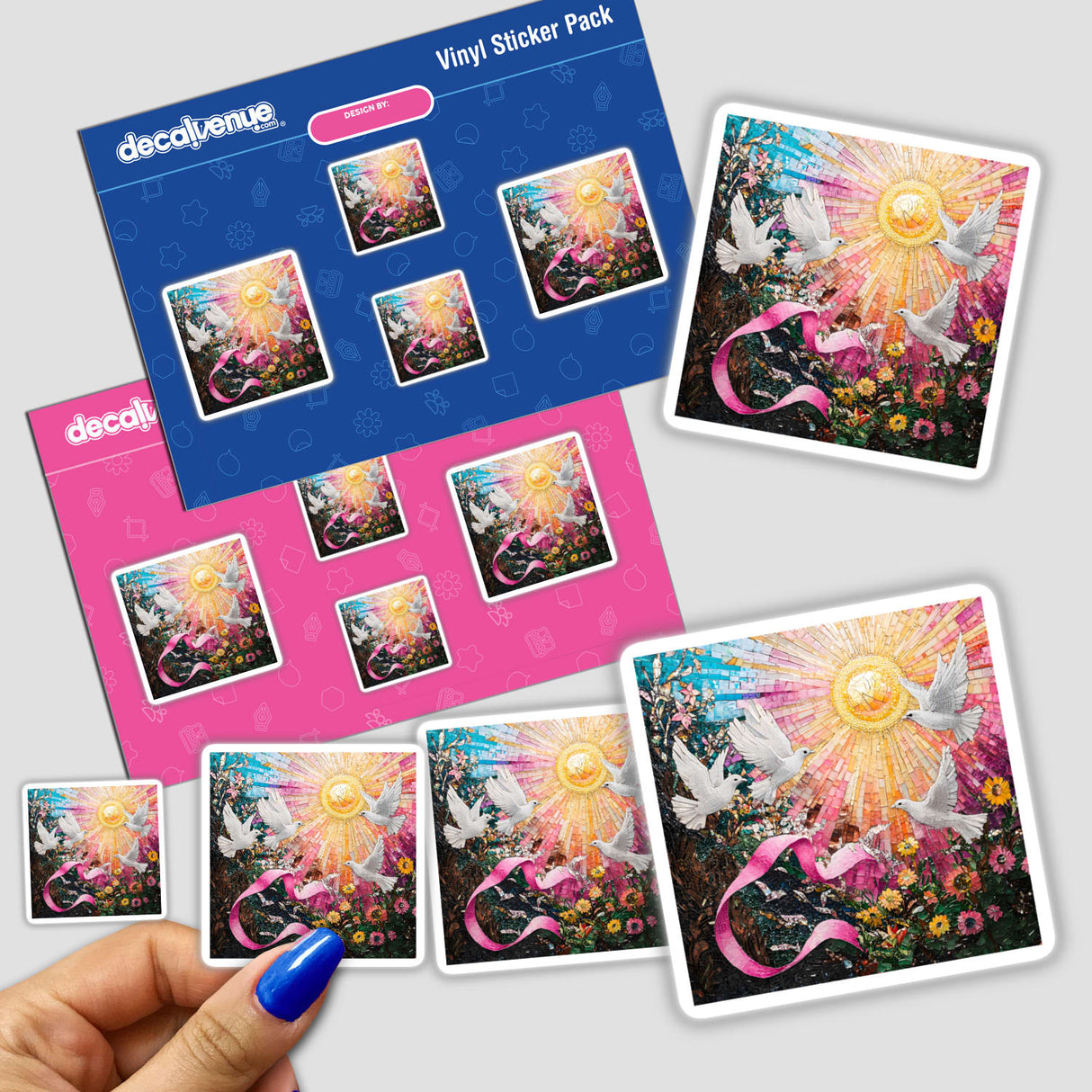 Pink Ribbon with Doves and Sun Rays Mosaic sticker, featuring birds and flowers in a vibrant, detailed design. Close-up of a hand holding the sticker.