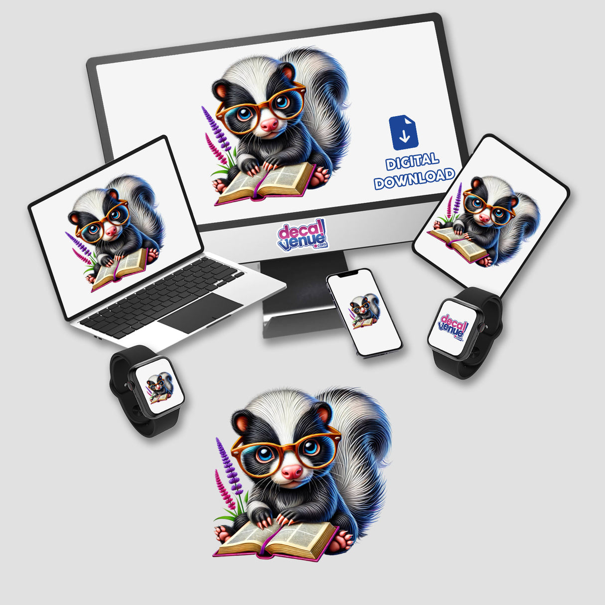 Cute skunk reading book in glasses, available as stickers or digital download format from Decal Venue, an online store offering unique digital artwork and stickers.