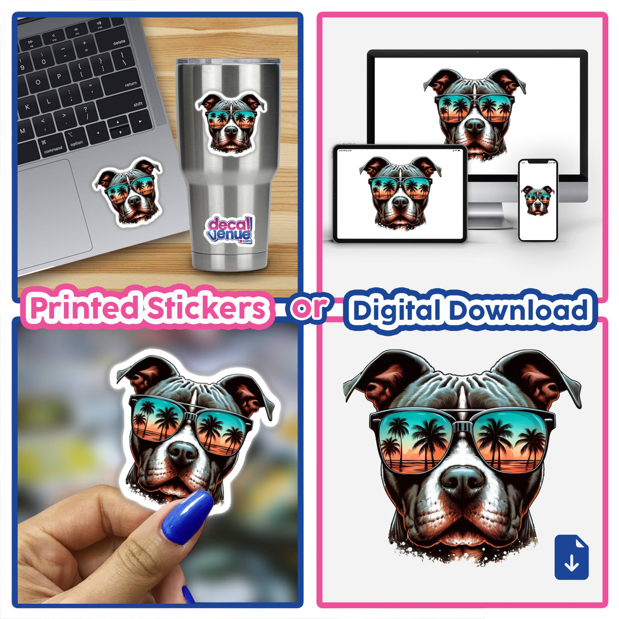 Tropical Sunglasses Pitbull Face sticker collage featuring a pitbull wearing sunglasses with palm tree reflections, ideal for laptops or cups; available as stickers or digital artwork.