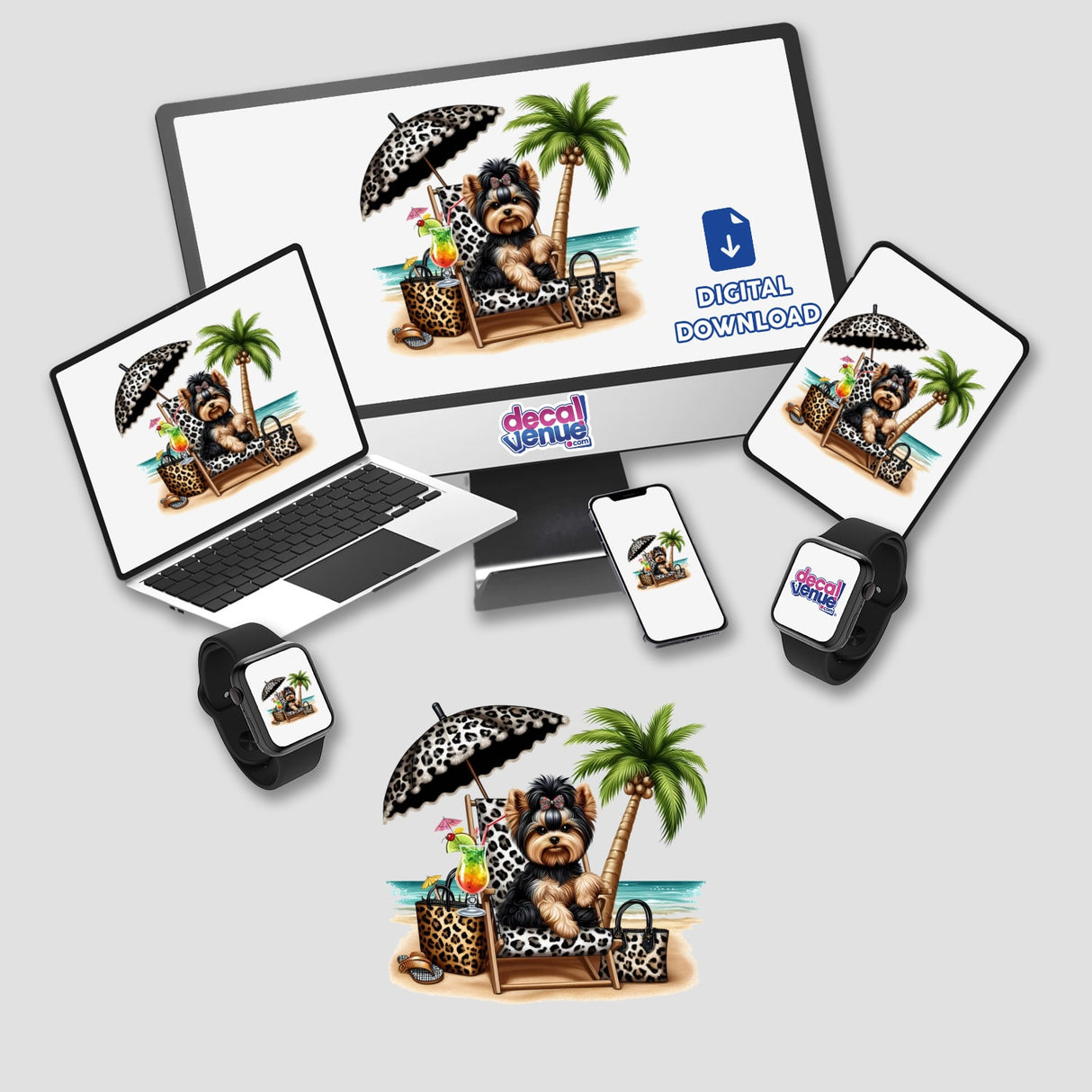 Everything Leopard Yorkie Beach Dog II depicted on a computer monitor and laptop, showcasing digital artwork of a dog lounging on a beach chair, available as stickers or digital art.