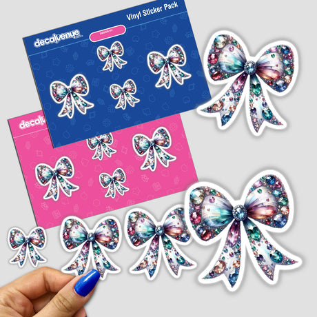 Coquette Bow Jewels and Gemstones sticker pack with colorful gem-adorned bows, perfect for DIY projects, scrapbooking, and crafting.