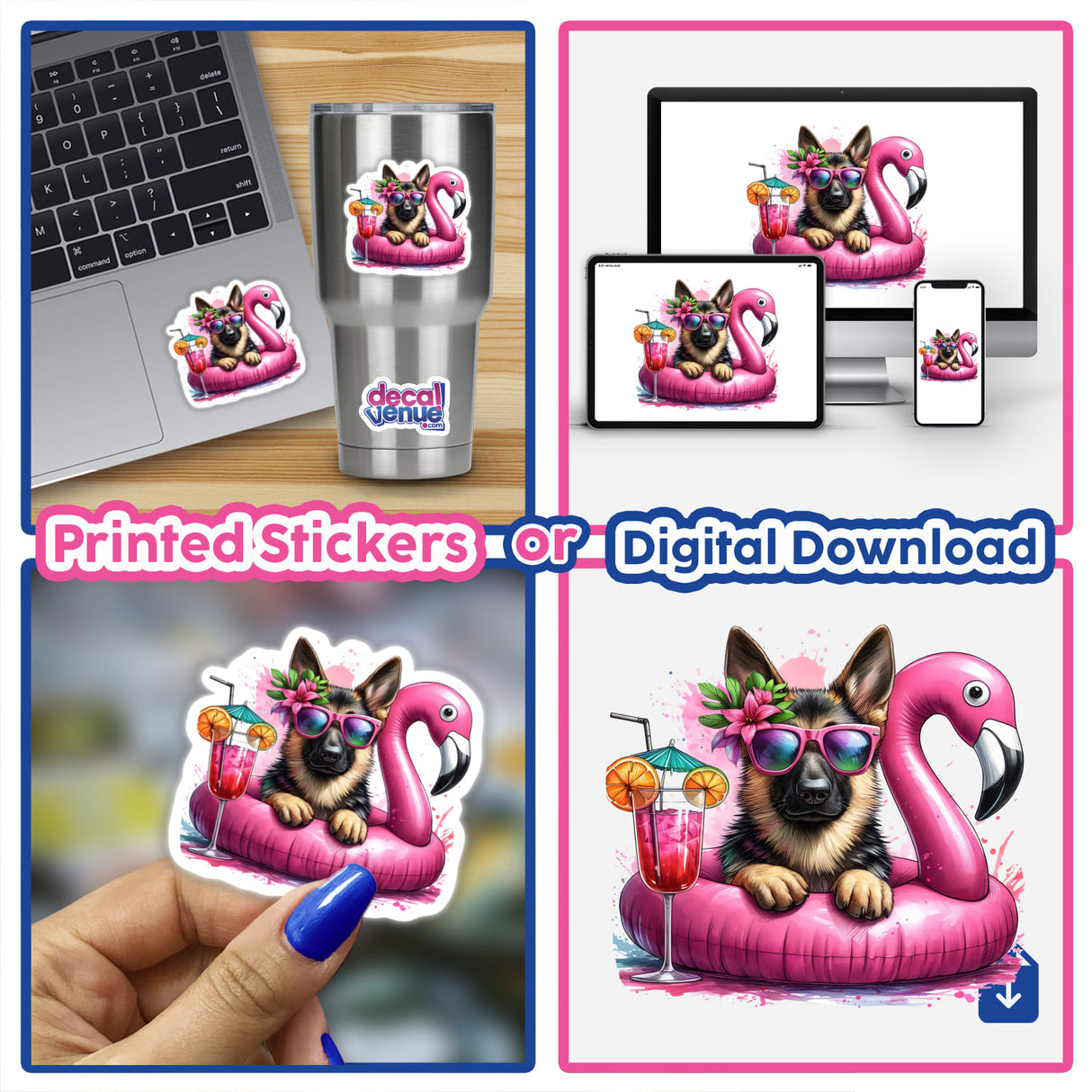 German Shepherd puppy on pink flamingo float digital artwork, available as printed stickers or digital download from Decal Venue, an online store offering unique stickers and digital art created by talented designers.