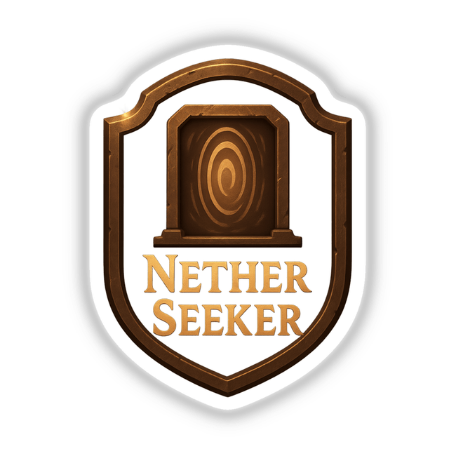 Nether Seeker – RPG-Style Skill Badge (Bronze Portal Emblem), available as stickers or digital artwork, features an intricate emblem design, highlighting RPG elements with a mystical, bronze-themed portal motif.