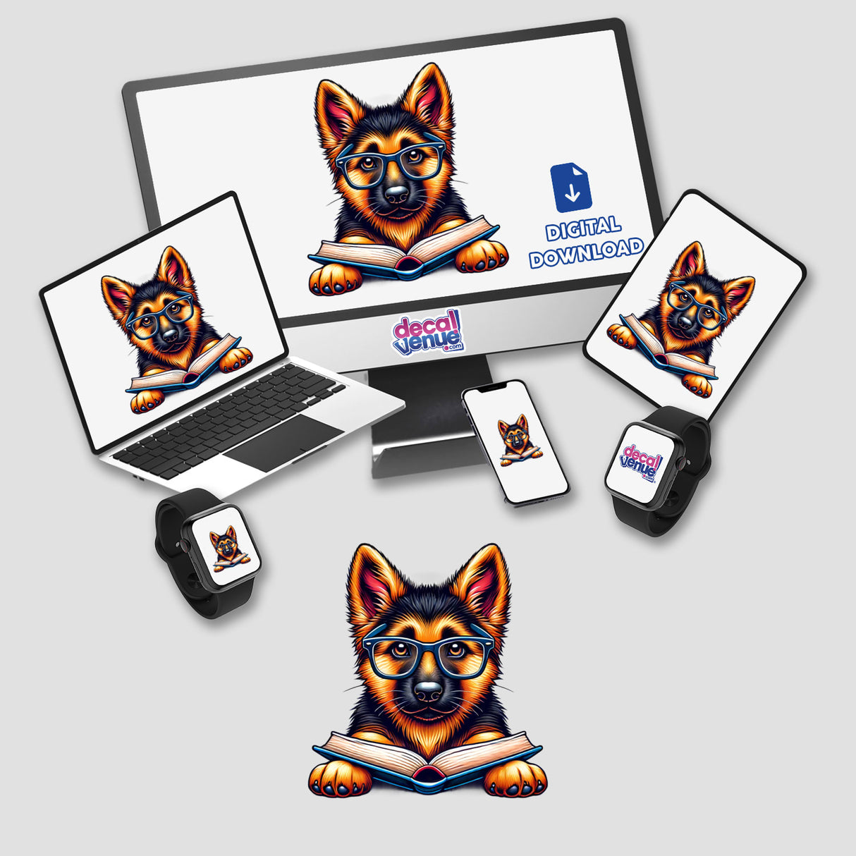 German Shepherd Dog With Reading Glasses Open Book