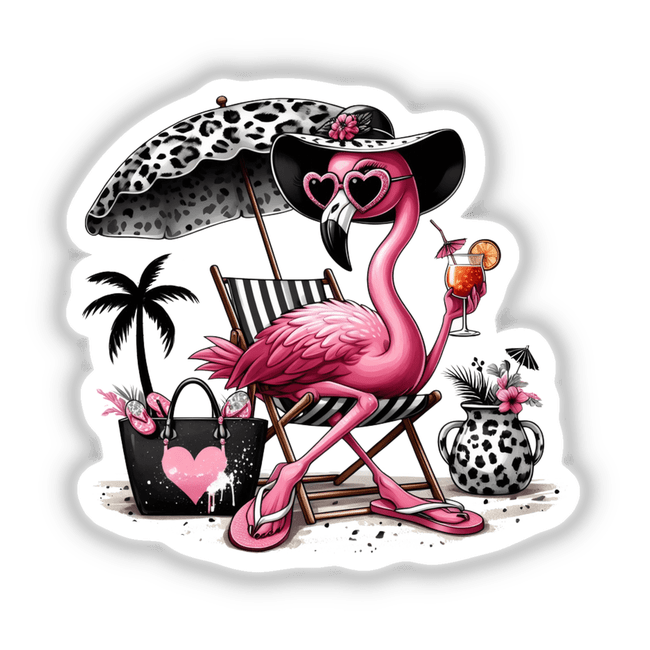 Cartoon of a sassy flamingo lounging under a black leopard beach umbrella, holding a drink. Available as stickers or digital artwork from Decal Venue.