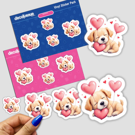 Sleeping Puppy with Heart Balloons sticker, depicting a cartoon puppy peacefully surrounded by heart-shaped balloons, perfect for personalizing notebooks or laptops.