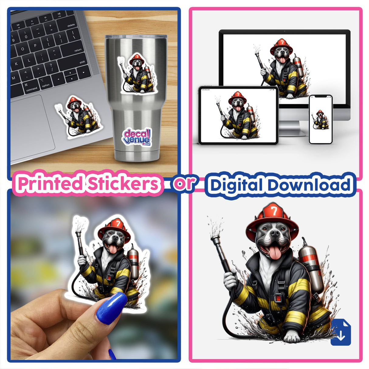 Firefighter Pitbull Dog with Hose sticker or digital artwork featuring a cartoonish dog dressed in a firefighter uniform, holding a hose, perfect for unique decor from Decal Venue.